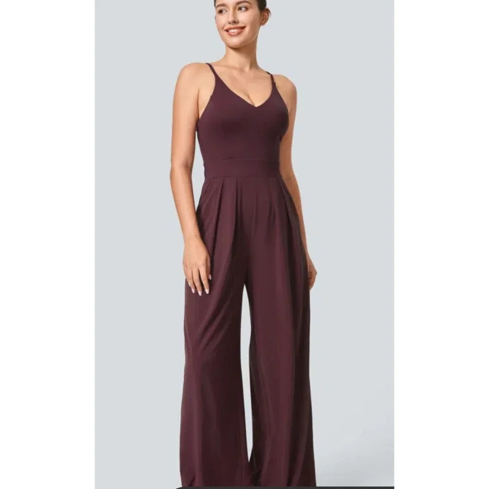 Halara Burgundy Wide Leg V-Neck Spaghetti Strap Jumpsuit with Pockets Large - Picture 3 of 7